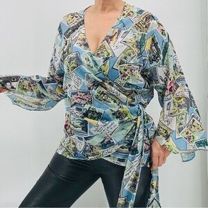 Lane Bryant Vintage Y2K Postcards Vacation Beaches Novelty Print Wrap Top Blouse